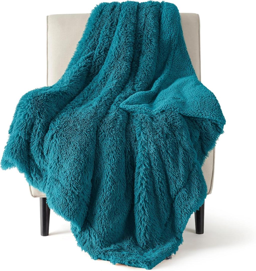 Bedsure Fuzzy Sherpa Faux Fur Twin Blanket Teal Cozy Gifts for Women Men, Soft Fleece Plush Warm Minky Thick Blanket Twin Size for Bed, Couch, Room Decor Dorm Essentials Teal Decor Gifts, 60x80