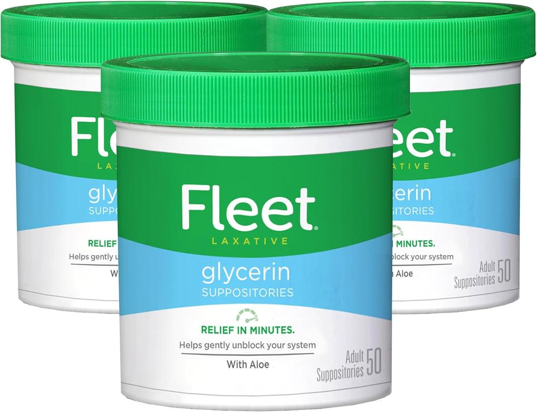 Fleet Glycerin Suppositories for Constipation Relief, Fast and Effective Stimulant-Free Laxative with Aloe Vera, 50 Count Jar, Pack of 3