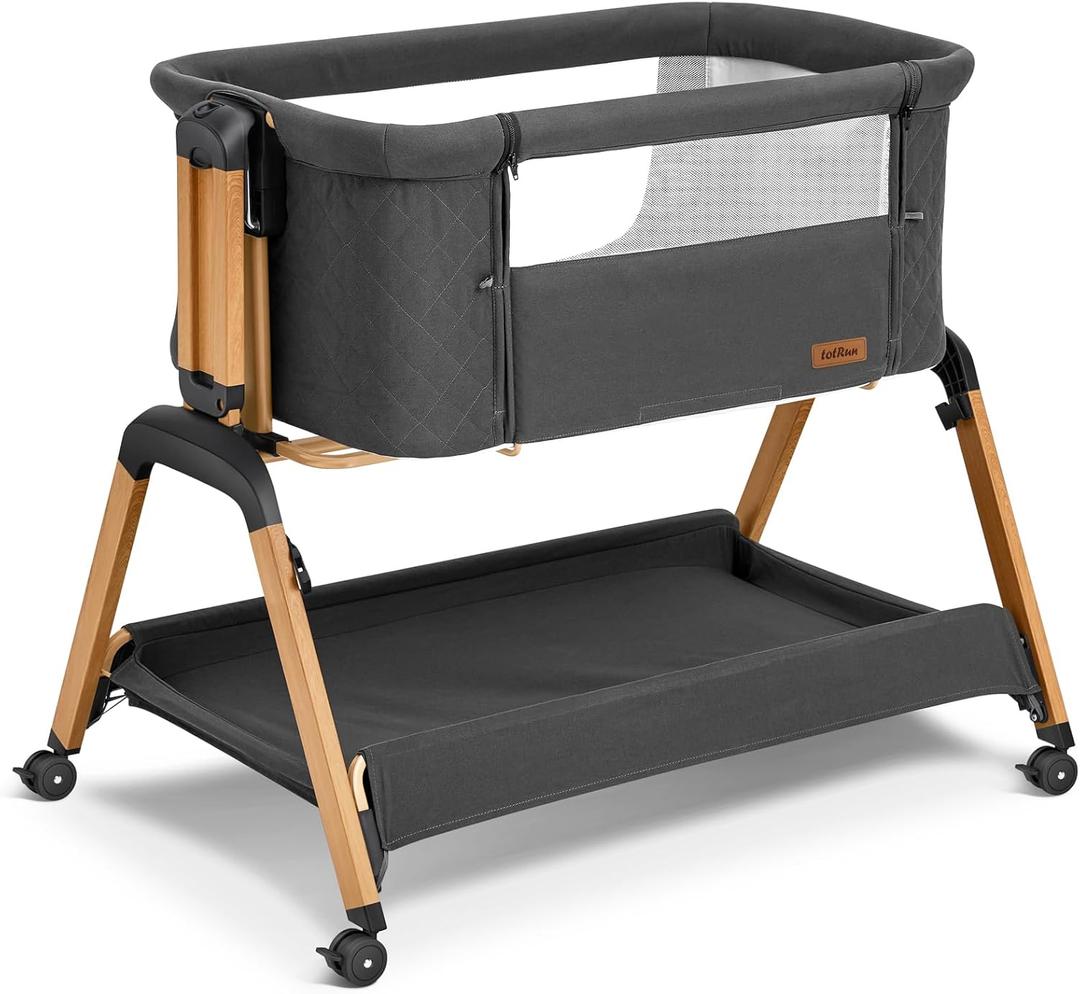 Bassinet Bedside Sleeper, Rocking Bassinets with Comfy Mattress and Wheels for Newborn, 5-Height Adjustable (Black)