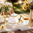 20 Pcs Porcelain Tea Set with Metal Holder, European Ceramic Tea Set for Adults, Coffee Tea Gift Sets, French Tea Cup Saucer Set for Party With Gold Trim (French White)