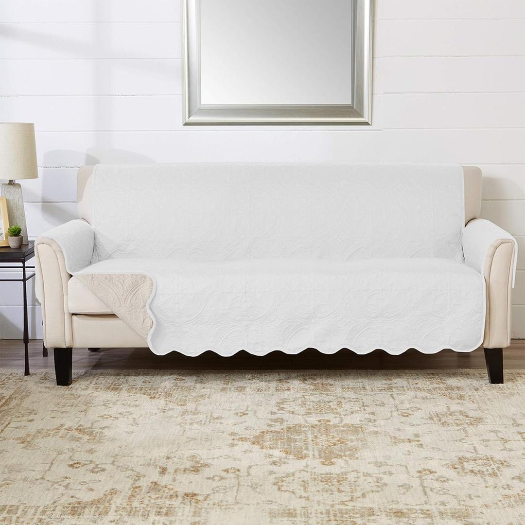 Great Bay Home Medallion Stitched Solid Furniture Protector Stain Resistant Durable Furniture Protector Elenor Collection (Sofa, White/Sand)