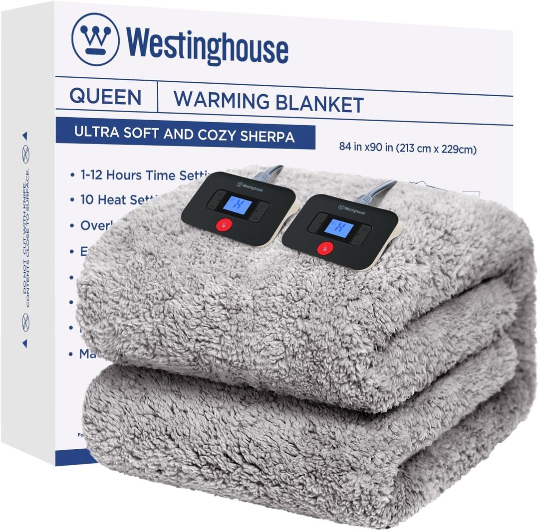 Westinghouse Electric Blanket Queen Size, Soft Plush Sherpa Heated Blanket with 10 Heating Levels & 1-12 Hours Auto-Off, Machine Washable, 84x90 inches, Charcoal