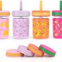 Sursip Toddler Glass Cups with Straw, Spill-Proof Kids Mason Jar Food Storage with Lids, Sippy Cups for Drinks, Smoothies, Snacks, Milk Cup [4 Pack] 8 oz 2-in-1
