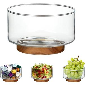 Coffee Pod Holder, Glass Salad Bowl with Acacia Wood Base, Large Capacity K Cup Organizer for Kcup Creamer Storage, Espresso Capsule Holder Coffee Bar Accessories 7 Inch1 Pack