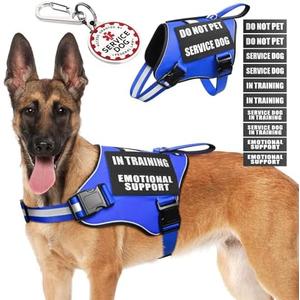MOOGROU Service Dog Vest Harness+ID Tag+10 Patches,Metal Serivce Dog Tag&Reflective Emotional Support Dog Vest with Handle for Large Dogs,Easy Put On/Off for Training/Walking/Everyday L Blue L