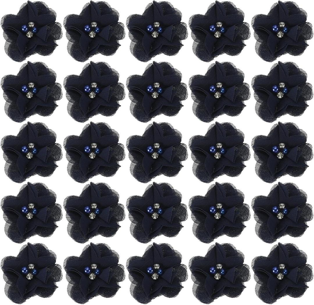 PATIKIL 2" Chiffon Flowers, 30Pcs Fabric Flowers Sewing Appliques Embellishments with Rhinestone Pearl for DIY Crafts Wedding Headbands Party Decoration, Dark Blue