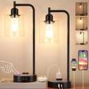 Industrial Touch Table Lamps for Bedrooms Set of 2 - 3-Way Dimmable Nightstand Lamps with USB C+A Ports and Outlet, Black Bedside Lamps with Glass Shade for Living Room, Desk Lamps for Home Office