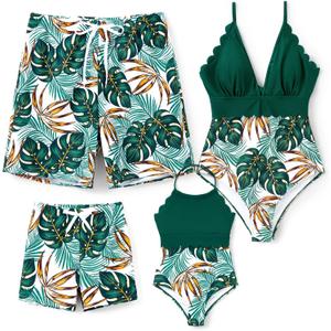 PATPAT Mommy and Me Matching Swimsuit One Piece Leaves Printed V Neck Bathing Suits Family Swimwear Matching Set (8-9 Years)