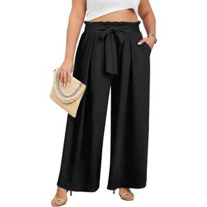 Lastshe Women's Plus Size Pants Wide Leg Casual Palazzo Curvy Elastic High Waisted Dress Pants Work Dressy Trousers with Pockets, Black, 2X