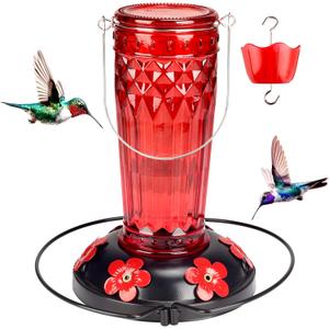 Hummingbird Feeder-16 Ounces6 Feeding Ports Glass Hummingbird feeders for Outdoors,Wide Mouth for Easy Filling/CleaningHanging for Garden Backyard Decor, Includes Ant Moat (Red)