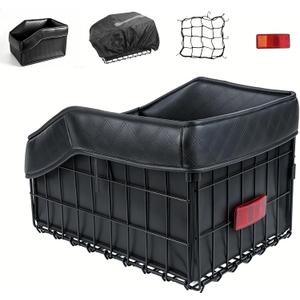 Bike Basket Rear, Foldable Bicycle Basket with PU Liner, Waterproof Cover and Cargo Net, Rear Bike Baskets for Most Bikes - Black, 15.7x12.2x10.2 Inch