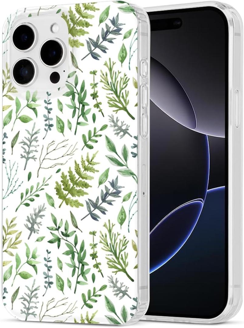 Case Compatible with iPhone 16 Pro Max, Green Botanical Pattern Aesthetic Phone Case for Women Girls Men Shockproof Protective Phone Cover - Greenery