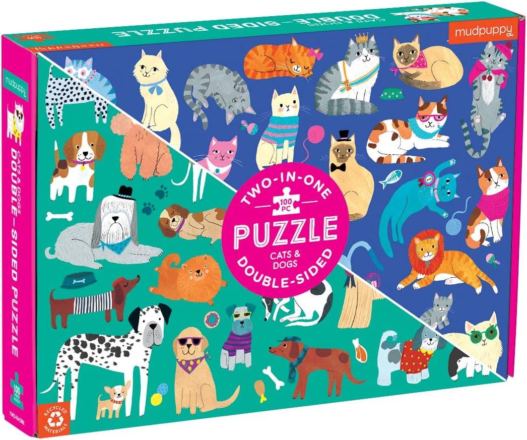 Mudpuppy Cats and Dogs Double-Sided Puzzle, 100 Pieces, 22”x16.5” – Perfect Family Puzzle for Ages 6+ - Colorful Illustrations of Dogs on One Side and Cats on the Other – Two Fun Puzzles in One Box