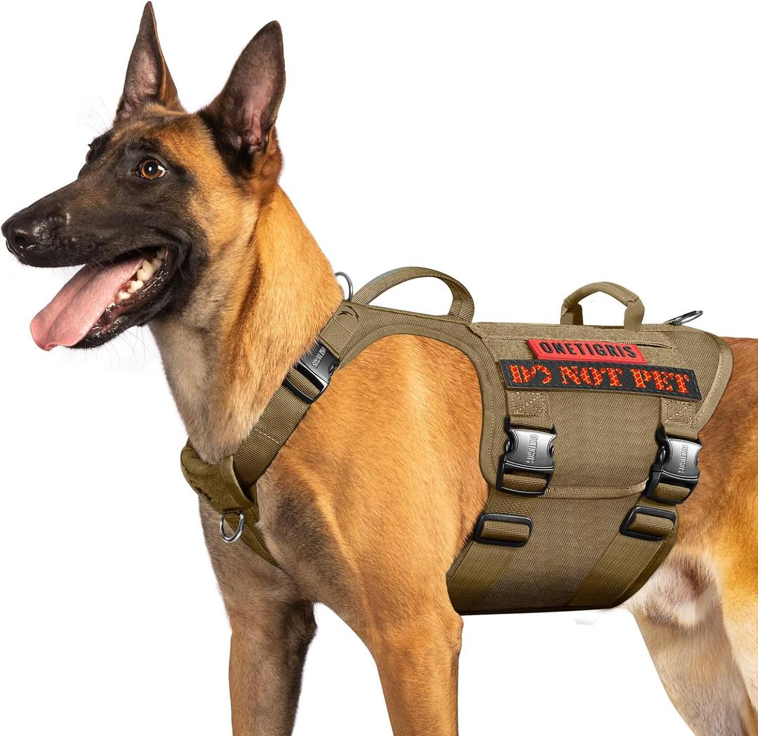 OneTigris Tactical Large Dog Harness, 5X Metal Buckled No Pull Service Dog Harness Vest with Hook & Loop Panels, Military Heavy Duty Dog Vest for Walking Hiking Training (Brown)