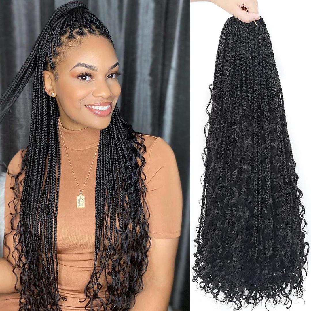 Goddess Box Braids Crochet Hair With Curly Ends 24 Inch Bohomian Box Braids Crochet Braids 8 Packs 3X Crochet Braids Synthetic Braiding Hair Extension for Black Women (24 Inch (Pack of 8), 1B)