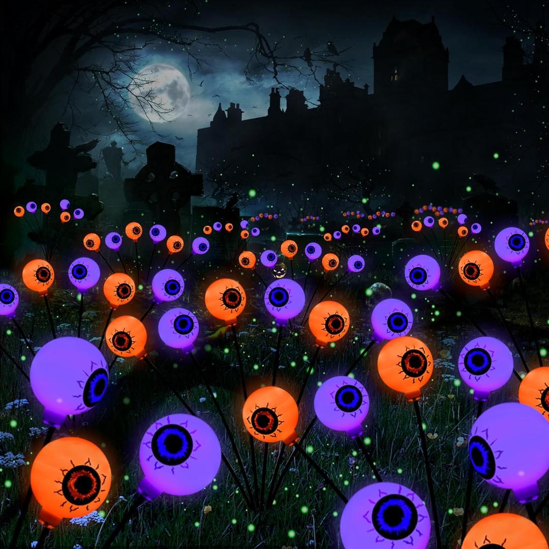 BrizLabs 6 Pack 36 LED Halloween Solar Eyeball Lights, 2 Modes Outdoor Halloween Pathway Lights, Solar Spooky Path Light Waterproof, Swaying Firefly Lighting for Yard Garden Lawn, Orange & Purple