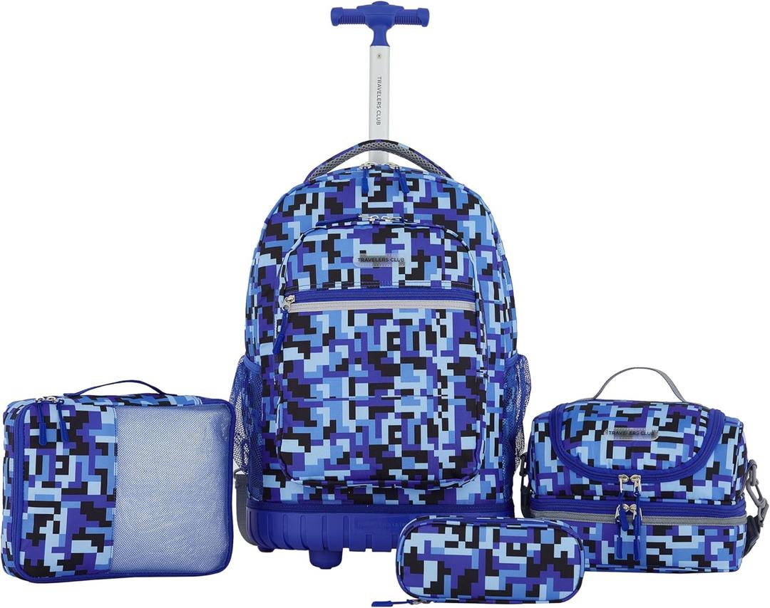 Travelers Club 4 Piece Rolling Backpack Set With Accessories, Blue Pixel