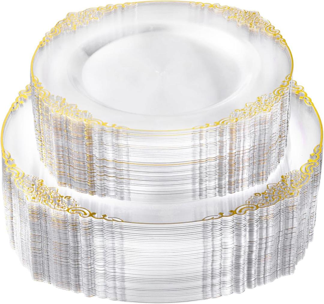 100 PCS Clear and Gold Plastic Plates for 50 Guests, Clear Disposable Plates Include 50 PCS Dinner Plates, 50 PCS Dessert Plates for Party, Wedding and Graduation