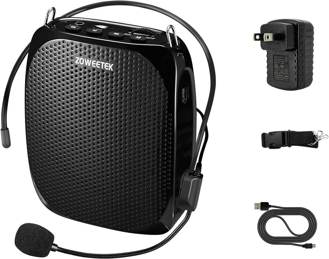 ZOWEETEK ZW-Z258 Portable Rechargeable Mini Voice Amplifier for Teachers with Wired Microphone Headset and Waistband, Supports MP3 Format Audio for Speech, Class, Training, Tour Guide, Power Amplifiers (Black)