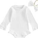fhutpw Newborn Baby Girl Oversized Sweatshirt Romper Ruffle Long Sleeve Crewneck Onesie Sweater Tops Infant Fall Clothes (6-9 Months, Ribbed Knit- White)
