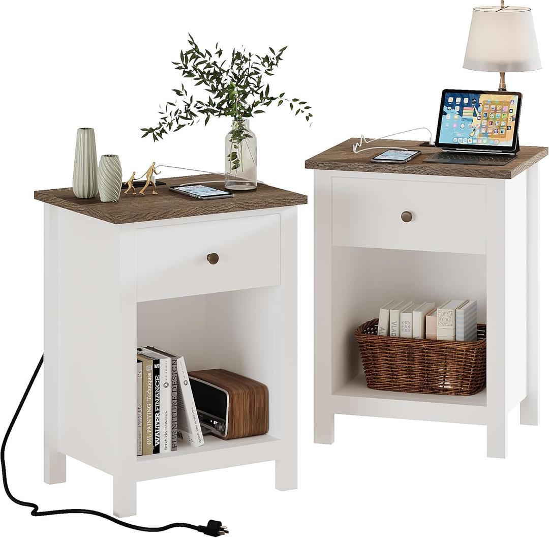 ChooChoo Farmhouse Nightstand Set of 2,Night Stand with Charging Station, Wooden Top Bedside End Table with Drawer and Storage Space for Bedroom, White (White)