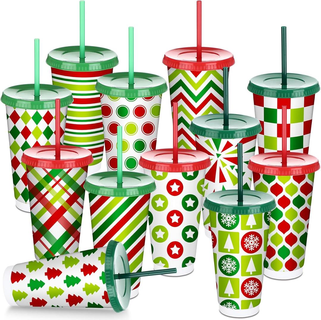 Nuogo 12 Pcs Christmas Reusable Coffee Cups with Lids and Straws 24 oz Red Green Polka Dot Striped Plastic Cups Xmas Party Supplies Coffee Tumblers Mugs Gifts for Hot Cold Drinks, 12 Styles