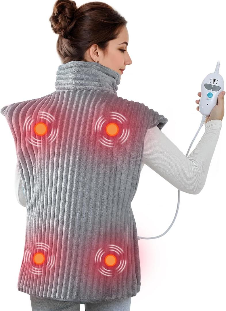 Heating Pad with Massager for Back Pain Cramps Relief,24"x35" Electric Heating Pad for Neck and Shoulders,Inner Detachable Heated Pad Wrap with 4 Massagers,Gifts for Women Men (Grey)