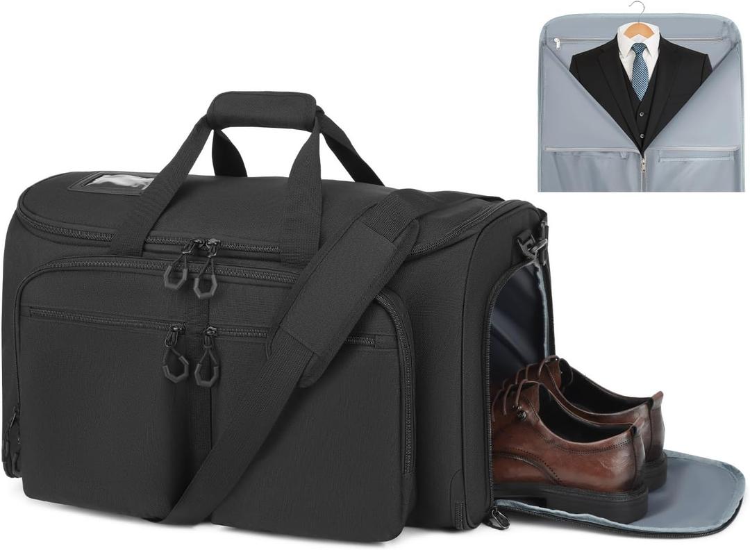 TOP Garment Duffle Bags for Travel, Convertible Garment Bag with Shoe & Laptop Compartment, 2 in 1 Carry on Suit Garment Bags for Men Women, All in One Hanging Suit Travel Bag for Airplanes, 55L (Black)