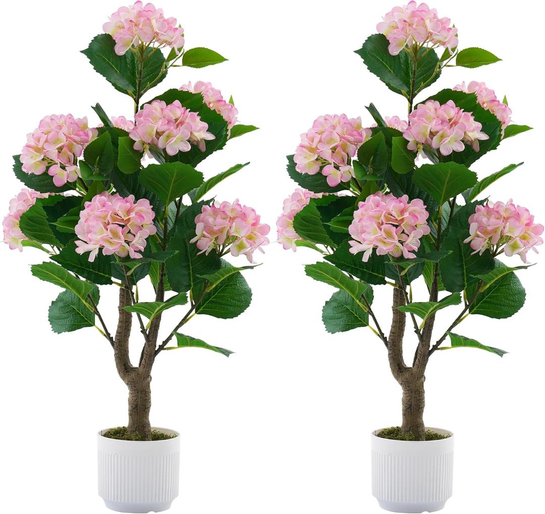 Artificial Hydrangea Tree 2 Pack, 3FT Faux Hydrangea Plant in Pot with Pink Flowers, Greenery Potted Plant for Indoor Outdoor Office Home Porch Decor, Pink