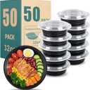 32oz Disposable meal prep containers with lids, 50 Pack (100-Piece) Black Round,Reusable take out food containers,BPA-Free,Stackable Bento Box,Lunch containers microwave Dishwasher safe