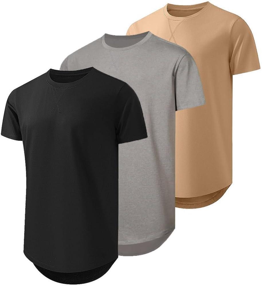 JMIERR Men's 3 Pack Cotton Hipster Hip Hop Longline Crewneck T-Shirt, Short Sleeve Gym Workout Athletic T Shirts for Men Pack,L, Black/Dark Grey/Khaki