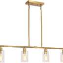 Modern Gold Kitchen Island Chandelier 4-Light Brushed Brass Farmhouse Pendant Light Industrial Kitchen Island Lighting Fixture with Glass Shades Hanging Lamp for Dining Living Room