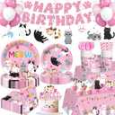 213pcs Cat Birthday Decorations, Complete Paper Tableware Set Includes 350gsm Plates 24 Cupcake Toppers and 2 Waterproof Tablecloths, Cat Themed Birthday Party Decorations for 25 People