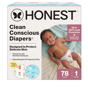 The Honest Company Clean Conscious Diapers for Delicate Skin | Up to 100% Leakproof | Hypoallergenic, Fragrance Free | Summer '25 Limited Edition Prints | Club Box, Size 1 (8-14 lbs), 78 Count