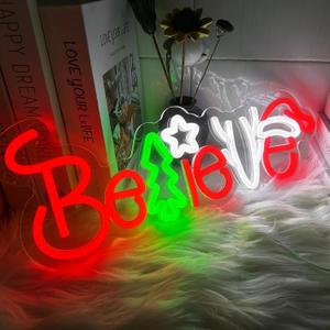 Merry Christmas Neon Sign for Home Wall Decor LED Believe Light up Sign USB Powered Xmas Lights Neon for Room Decor Bar Beer Club Party, Family Indoor Gifts Decorative