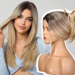 EMMOR Long Layered Wigs,Natural Central Lace Bob, Premium Heat-Resistant Synthetic Straight Wigs for Women Daily Use(Ombre Light Blonde with Brown Highlight)