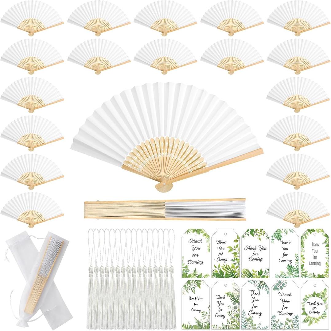 Marsui 100 Set Folding Fans Wedding Fans Bamboo Hand Held Sandalwood Fans with Thank You Cards, Tassels and Gift Bags for Wedding Guests Party Favors Bridal Shower Church Decoration (White)