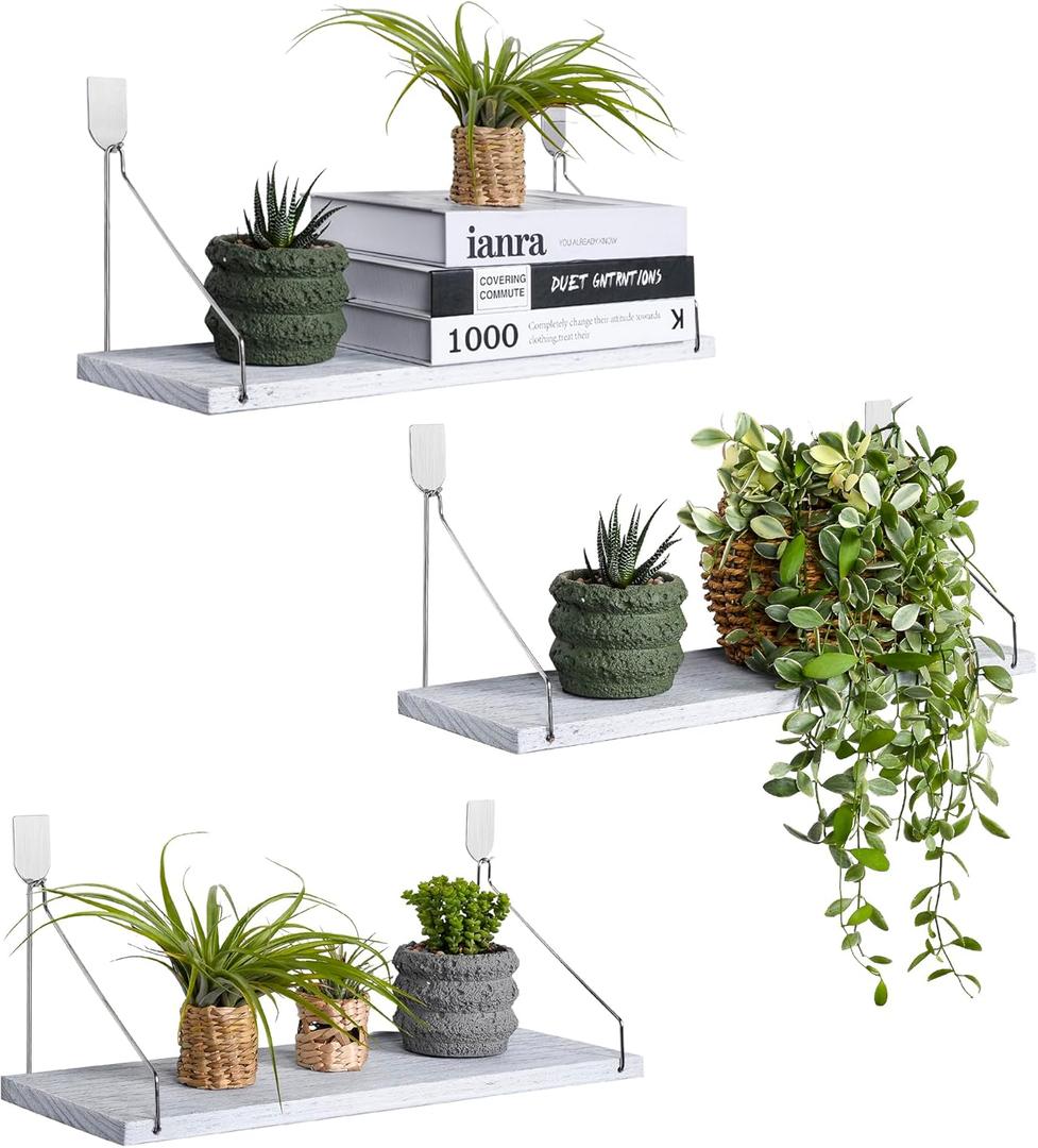 MITIME Floating Shelves Set of 3 Rustic Solid Wood Floating Shelf Wall Storage Shelves for Living Room, Bedroom, Bathroom, Kitchen Laundry, Office,no Drill Shelf(Grey and White Colour L+L+L)