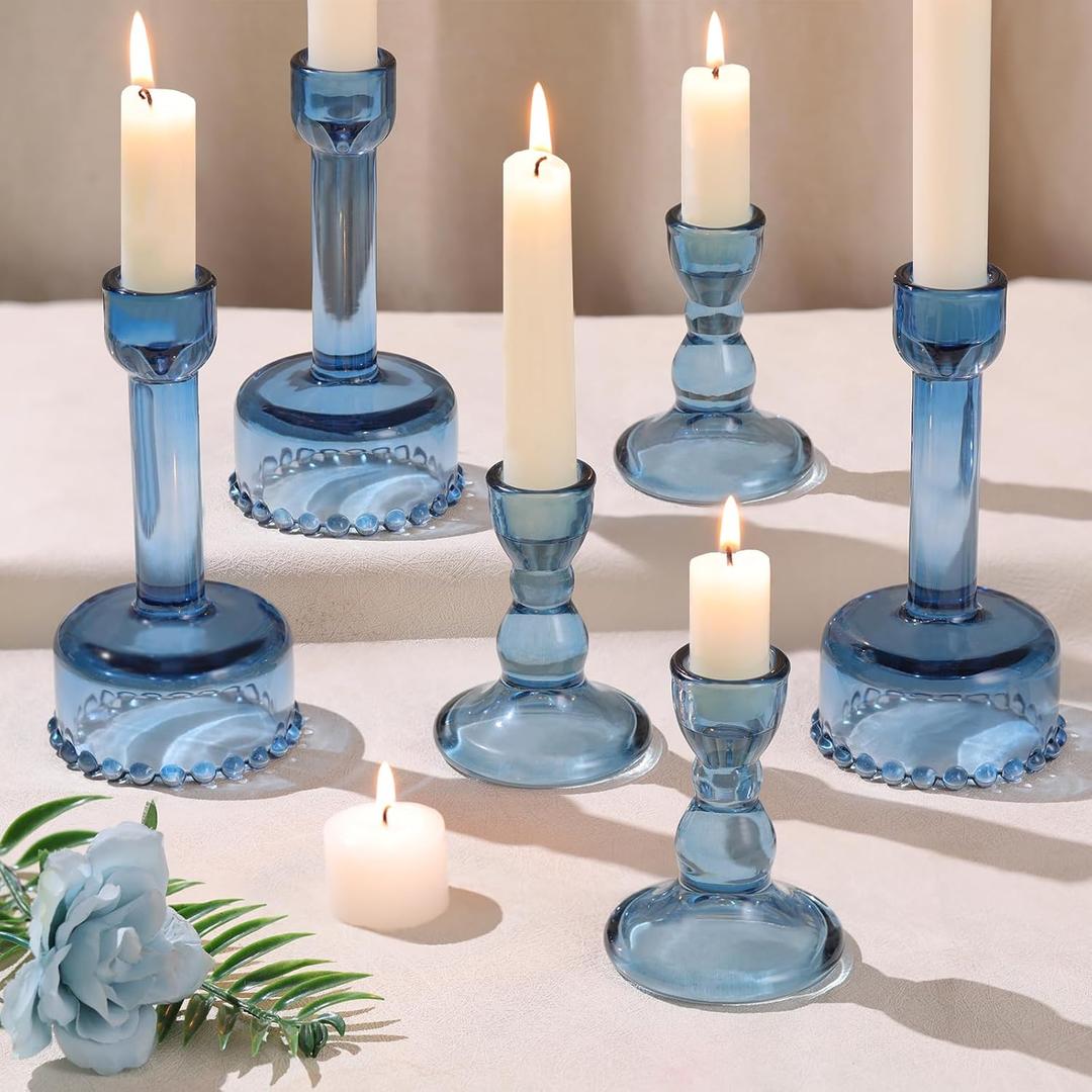 Circle Candlestick Holders Bulk, 6 Pcs Blue Combination Candle Holders Set, Crystal Candle Holders for Wedding, Table Centerpiece, Home Decoration
