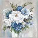 Goldfoilart Blue Flower Wall Art for Living Room White Floral Canvas Pictures Modern Paintings Framed Artwork for Bedroom Bathroom Dining Room Office Wall Decor 24" x 24"