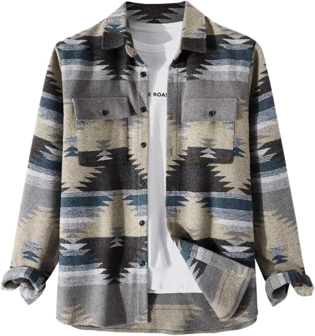 FindThy Mens Brushed Flannel Shirts Ethnic Aztec Print Button Up Lapel Tribal Shirt Jacket Shacket (Small, 01 Grey)