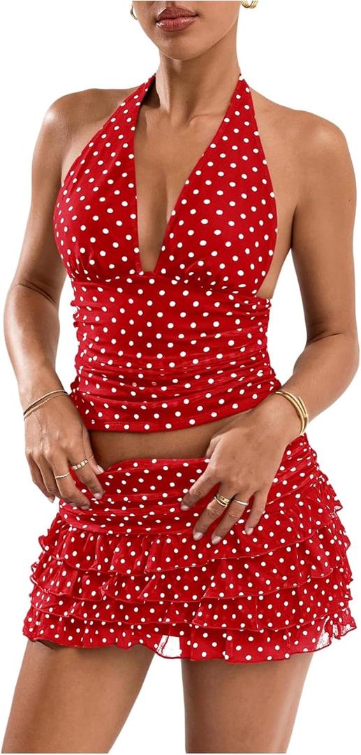 Women's Y2K Polka Dots Backless Halter Tops Sleeveless Ruched Fitted Low Cut Crop Top (S)