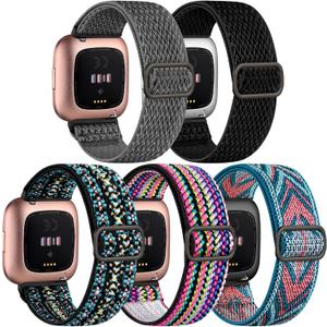 DaQin Elastic Sport Nylon Band Compatible with Fitbit Versa 2 Watch Bands Women Men, 5 Pack Adjustable Stretchy Solo Loop Wristband for Versa/Versa Lite/SE/Fitbit Versa 2 Bands Women of Smartwatch (Boho/GreenArrow/Color/StormGray/Black)