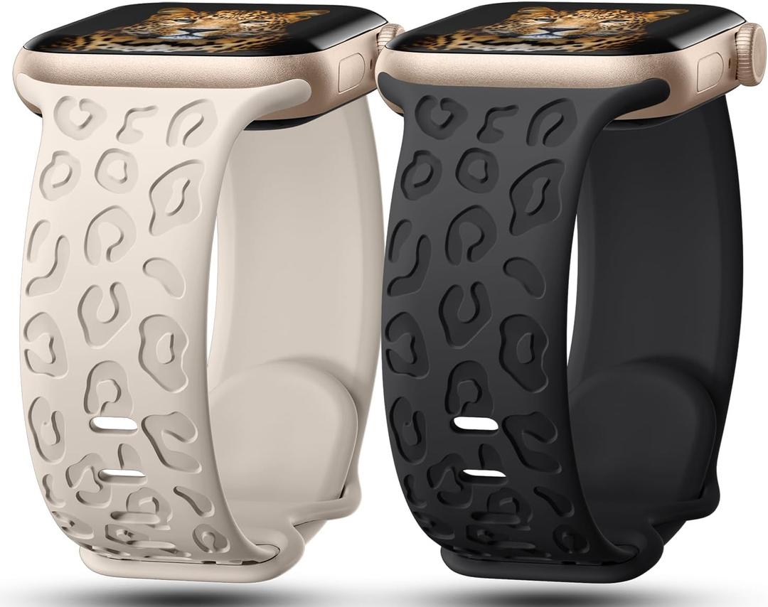 2Pack Leopard Engraved Bands Compatible with Apple Watch Band 41mm 40mm 38mm 49mm 46mm 45mm 44mm 42mm Women, Silicone Cheetah Sport Strap for iWatch Series SE 10 9 8 7 6 5 4 3 2 1,Ultra (Black, Starlight)