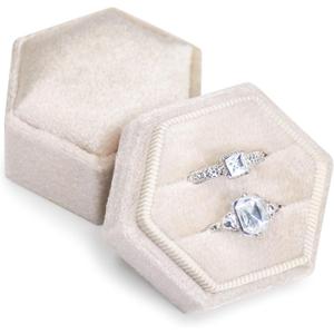 Velvet Ring Box, 2 Slots Hexagon Jewelry Ring Gift Box Vintage Ring Display Holder Case for Wedding Ceremony Proposal Engagement(Beige)
