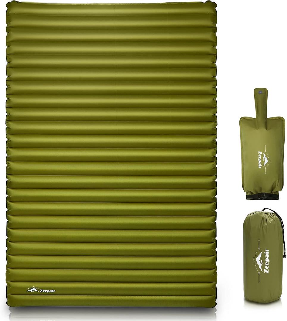 Double Camping Sleeping Pad, Ultralight Waterproof Inflatable 2-Person Sleeping Mat with Inflation Bag, Lightweight Portable Air Mattress for Outdoor Backpacking Hiking Car Traveling Tent (Green)