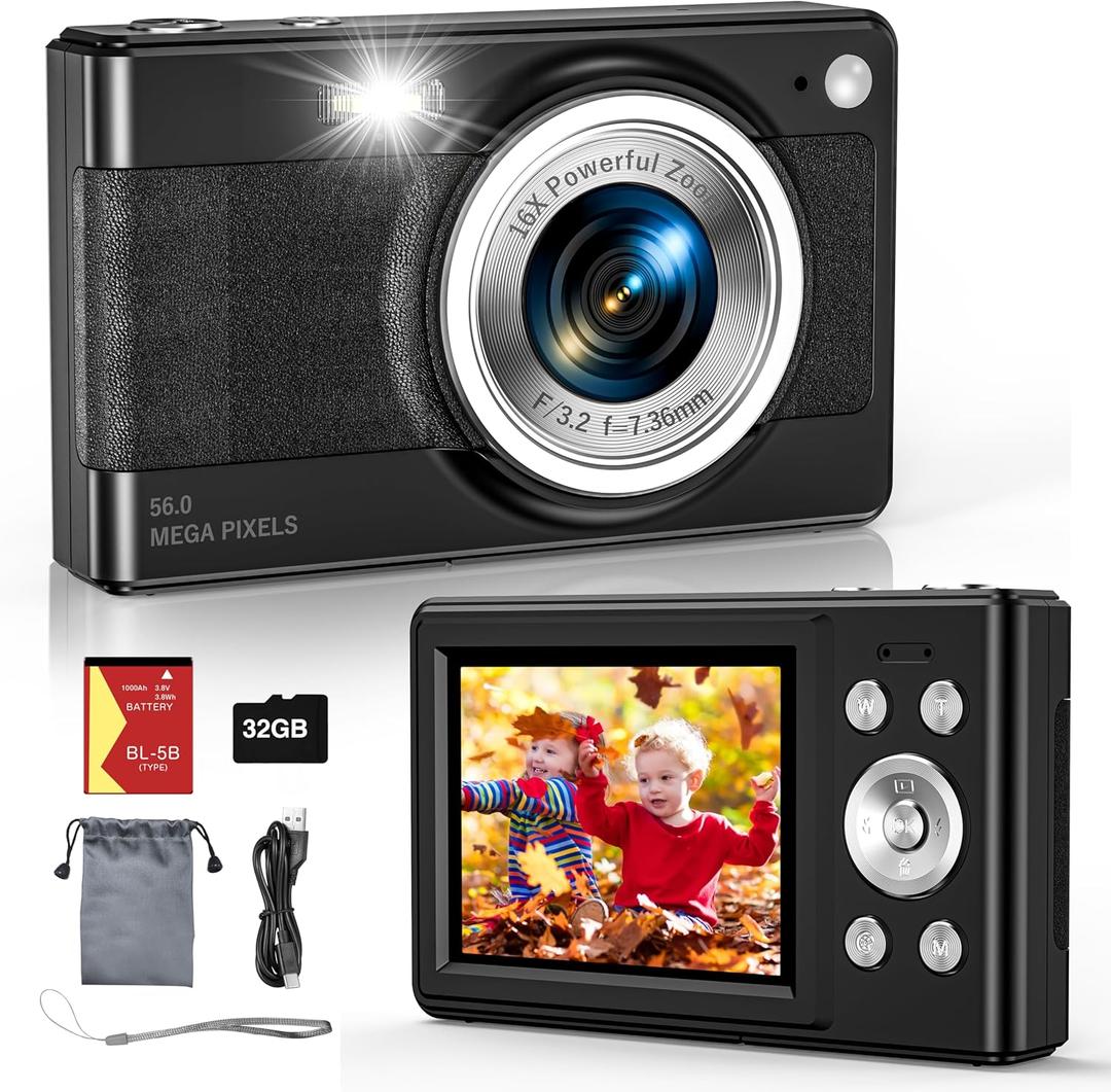2025 New Digital Camera, 56MP FHD 1080P for Kids with 16x Digital Zoom Anti Shake, Face Detect, Smile Capture, 32GB TF Card, Battery, Lanyard, a Great Gift for Boys & Girls Black