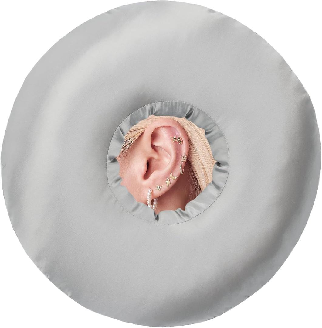 Satin Ear Piercing Pillow for Side Sleepers Silky Piercing Pillows with Ear Hole Support Head Ear Pain Sore Relief Pressure Sore Cushion Guard Silver Gray