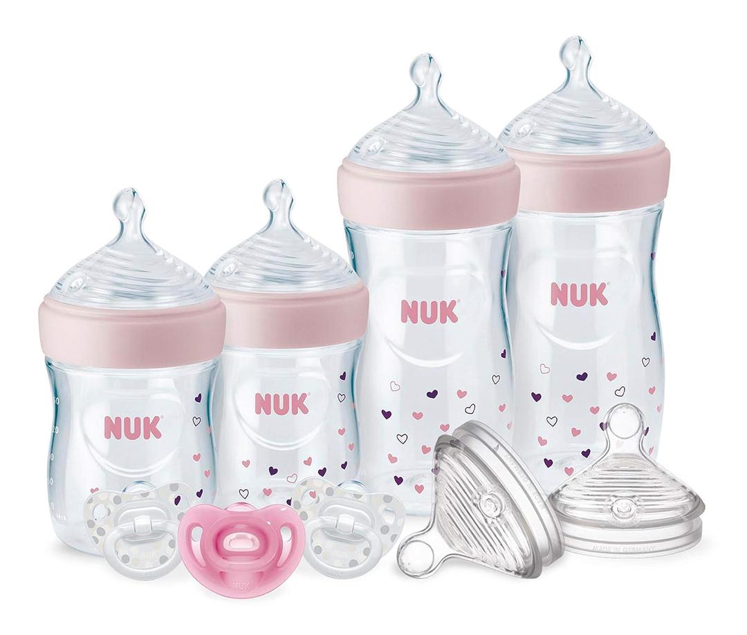 NUK Simply Natural Baby Bottles with SafeTemp Gift Set (9 Piece Set, Pink)