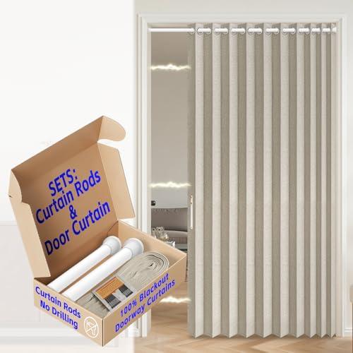 AJAZZ 100% Blackout Accordion Door Curtain Invisible Magnetic Door Curtain for Bedroom Living Room Doorway Curtains Sets Included Rod, 1Pack, W55 x L80 Inch, Cream White